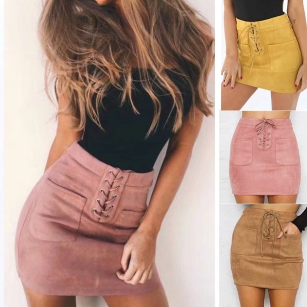 NWOT Mini suede lace up skirt in khaki